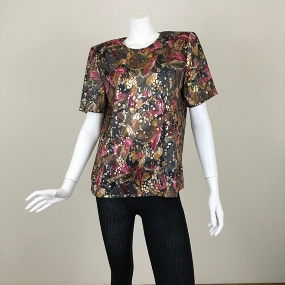 Vintage 80’s Abstract Top Shirt Gold Sheen Black Berry Woman’s 6 Fundamental - Picture 12 of 15